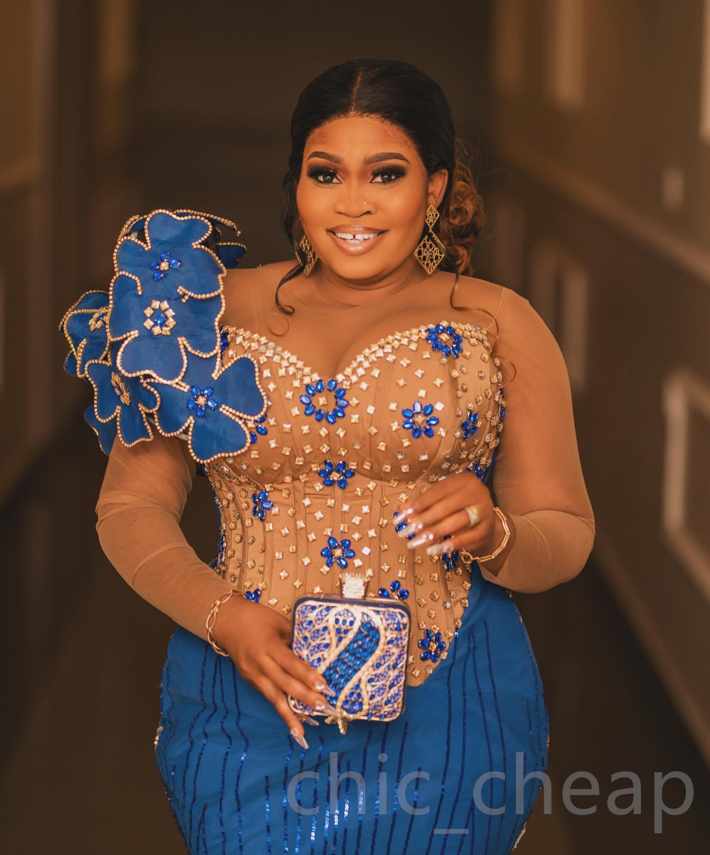 2024 Aso Ebi Plus Size Blue Mermaid Prom Dress Crystals Florals Sexy Evening Formal Party Second Reception 50th Birthday Engagement Thanksgiving Gowns