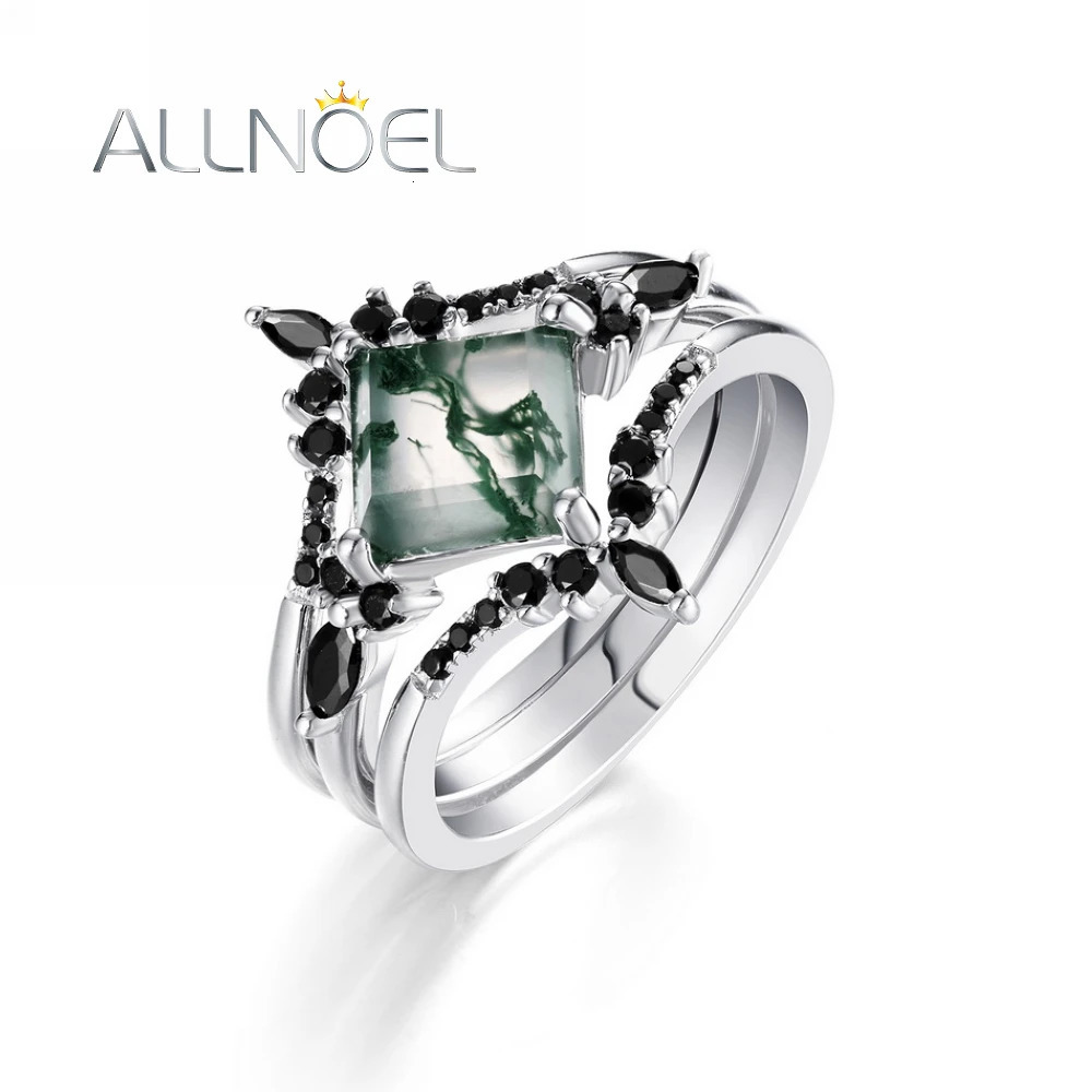 ALLNOEL 925 Sterling Silver Rings For Women Natural Moss Agate Gemstones Black Zircon Bridal Sets Personality Gifts Jewelry 240601