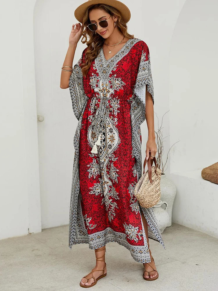 Bohemian V-neck Short Sleeve Beach Smock Dress Women Summer Loose Casual Sunscreen Print Boho Long Dresses For Women 240529