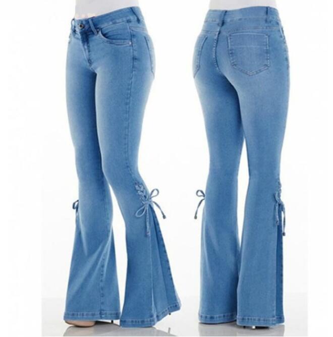 Lace Up Mid-Waist Stretch Jeans For Women Xs-3Xl | Flared Pants In 3 Colors