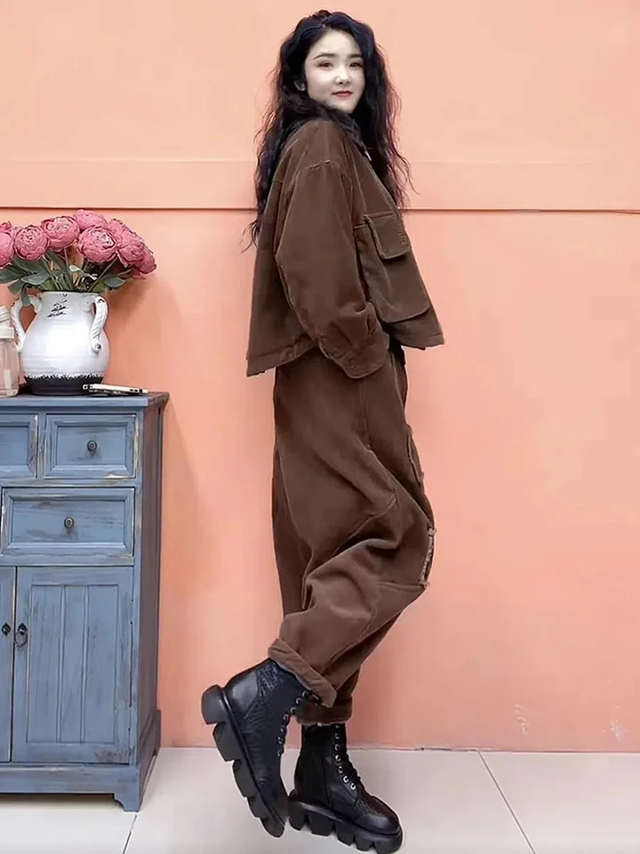 Plush Winter Add Velvet Corduroy 2 Piece Set Thicken Warm Women Casual Coat Conjuntos Trend Baggy Snow Wear Harem Pants Outfits 240529