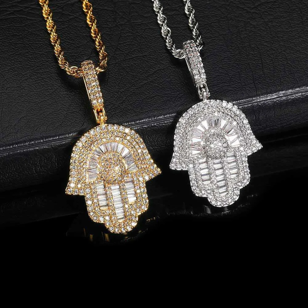 Iced Out 5A CZ Pave Hamsa Hand Fatima Pendant Necklace for Women Men Hip Hop Jewelry 240531