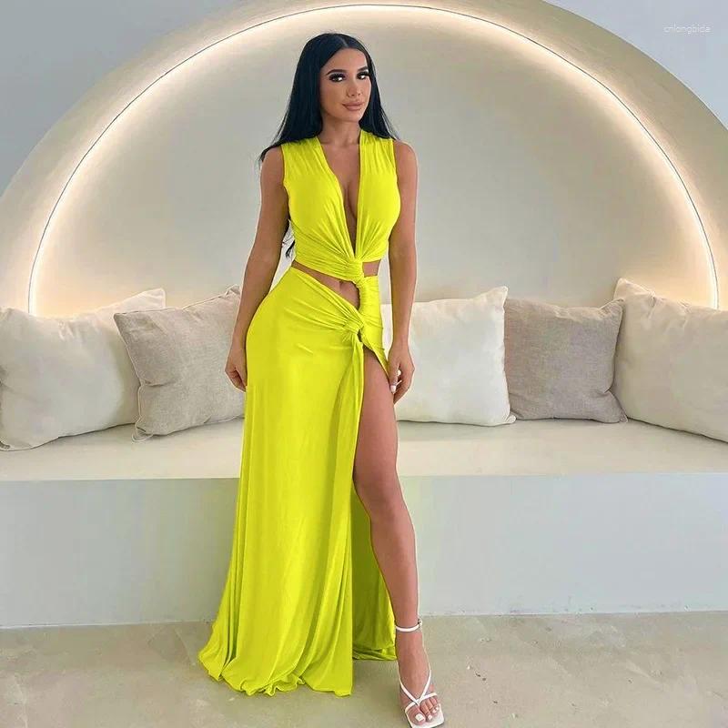 Casual Dresses Women Sleeveless Dress Twisted Ruched Split Long Party Club Summer Beach Sexy Elegant Evening Hollow Out Solid Color