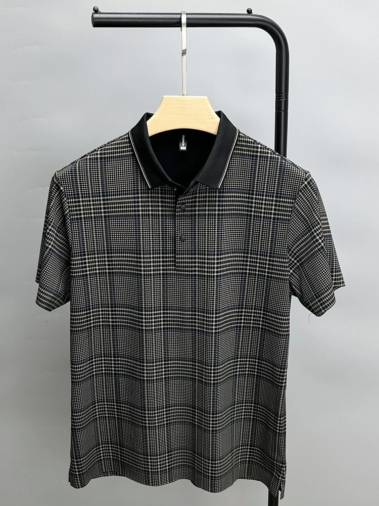 High end ice silk seamless short sleeved mens plaid collar Tshirt summer casual cool feeling top exquisite printed polo shirt 240601