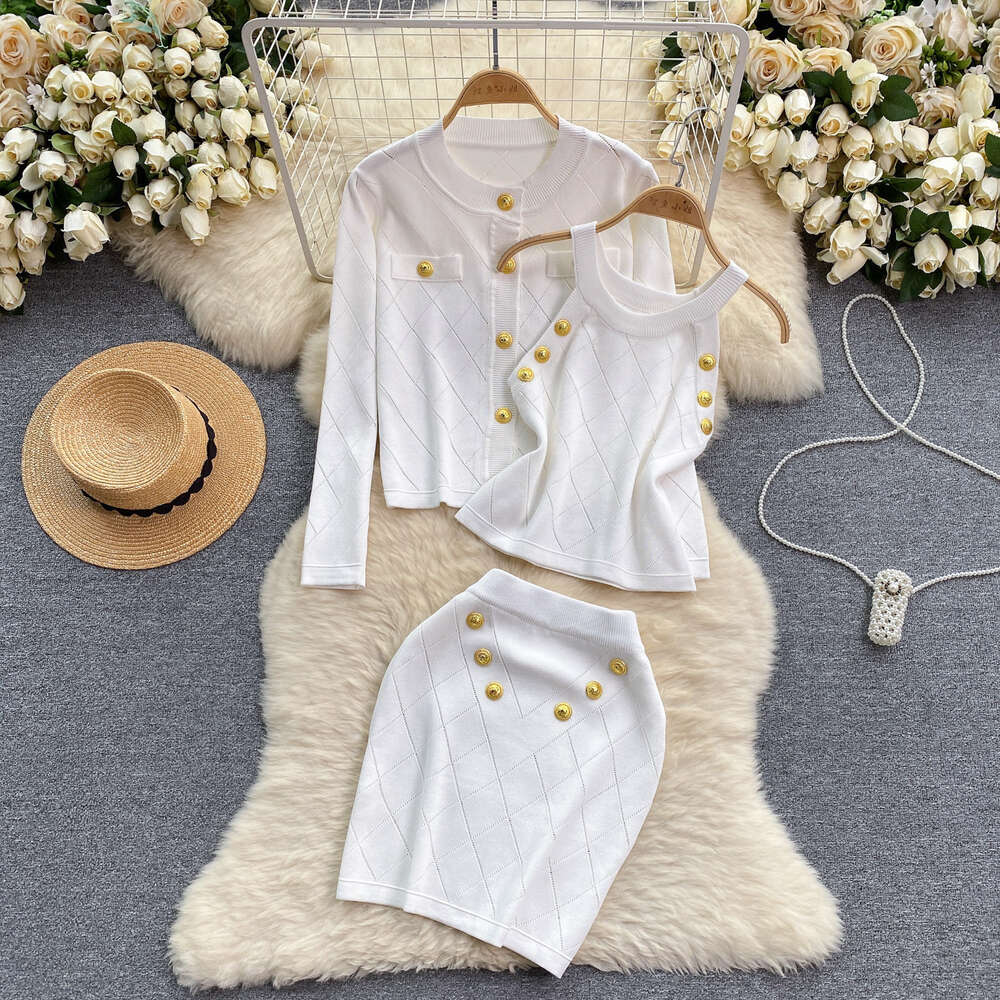 Small Fragrance Set Design Sense Metal Double breasted Hanging Neck Tank Top Knitted Cardigan Versatile Half Skirt Three piece Set Trendy