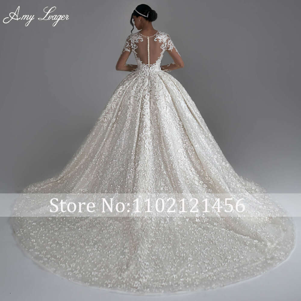 Amyager Classic O-Neck Long Sleeve Ball Wedding Dress 2024 Beading Appliques Lace Court Train Princess Bridal Gown