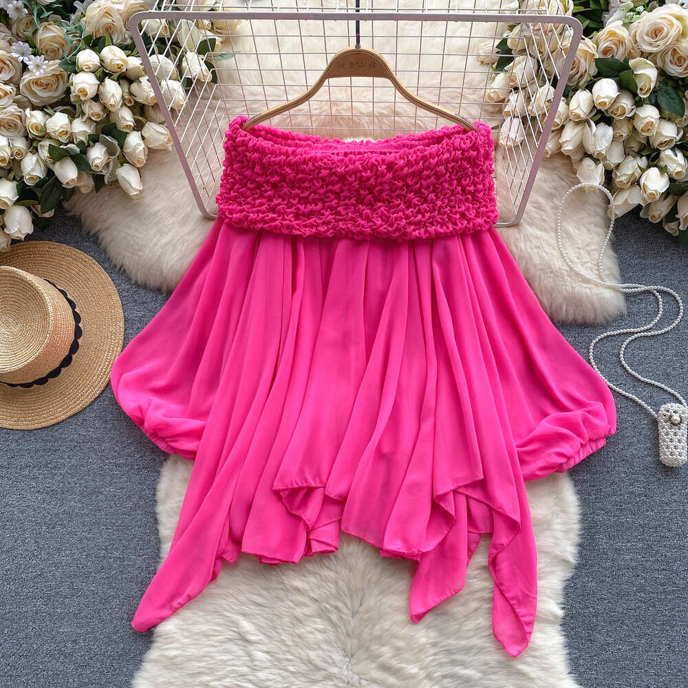 Fairy Top Super Immortal Sweet Heavy Work Wrinkled One Line Neck Off Shoulder Pure Desire French Bubble Sleeves Irregular Chiffon Shirt