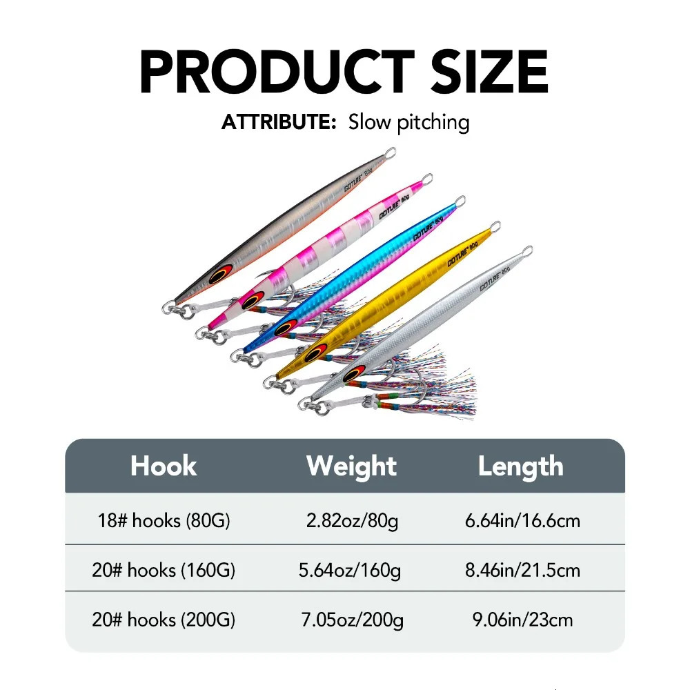 Goture 80g 160g 200g Jig Fishing Lure Set Fast Sinking Jigging Lure Double Hooks High Quality Metal Jig Seawater Fishing Bait 240603