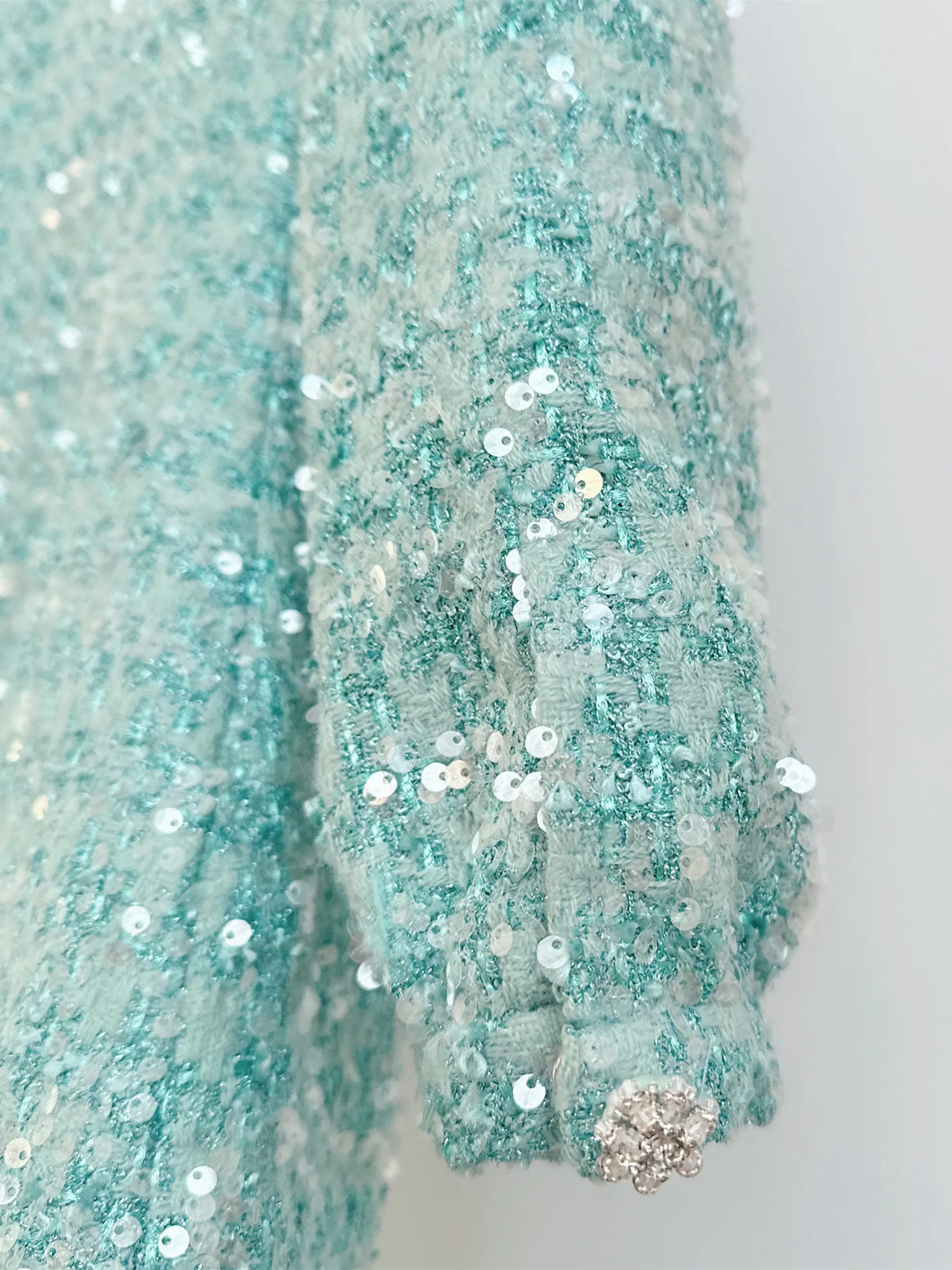 Women Single Breasted Green Tweed Mini Dress Long Sleeve Diamond Decoration Ruffle Pockets Spring Lady Sequin Robe 240529