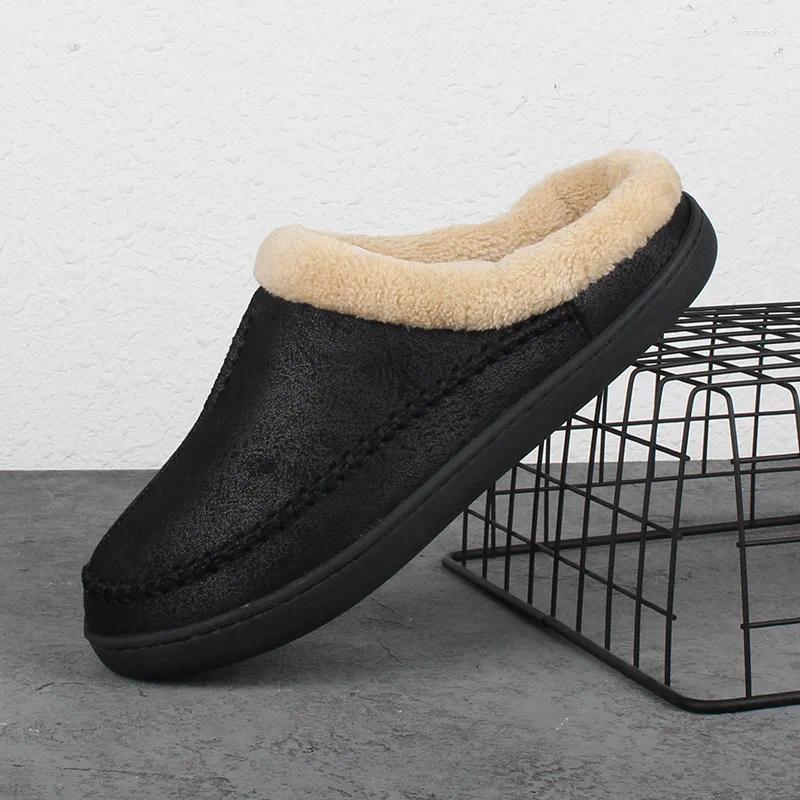 Slippers Men's Home Winter Indoor Plush Warm Shoes Thick Bottom Waterproof Leather House Man Suede Cotton