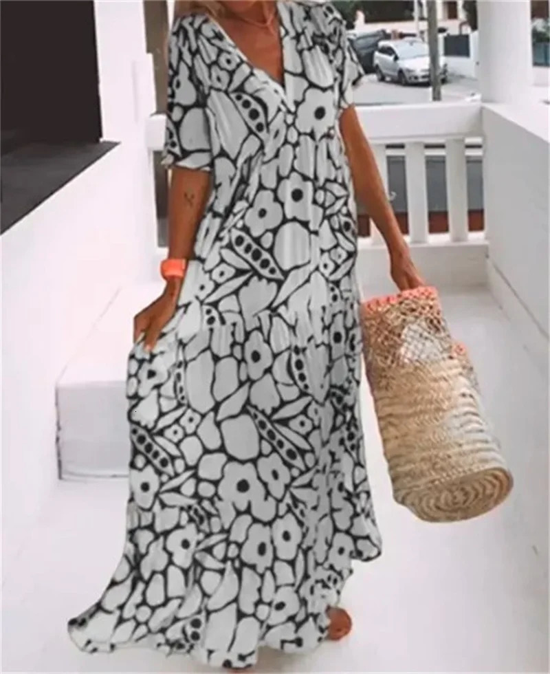 Womens Bohemian Style Dresses Summer Deep V Neck Short Sleeve Dressy Ladies Comfortable Casual Large Hem Gown Trend Streetwear 240529