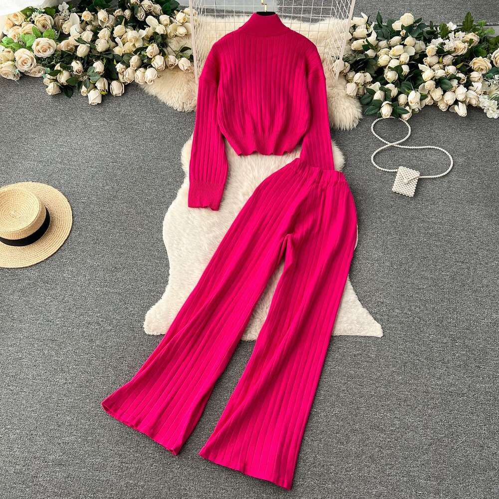 Autumn and Winter Minimalist Luxury Half High Neck Long sleeved Knitted Shirt+High Waist Slimming and Draping Pants Two piece Set