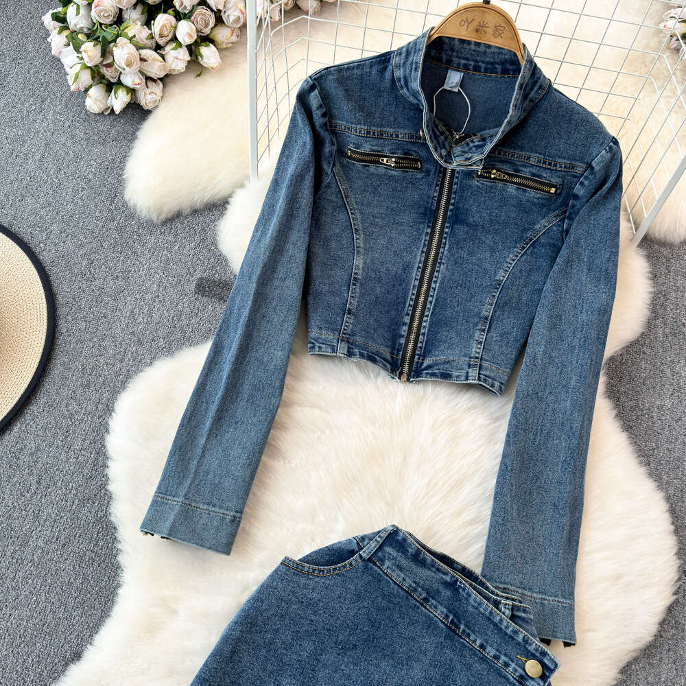 Fashion set for women American street stand up collar denim jacket jacket two-piece high waisted slimming wrap buttocks short skirt