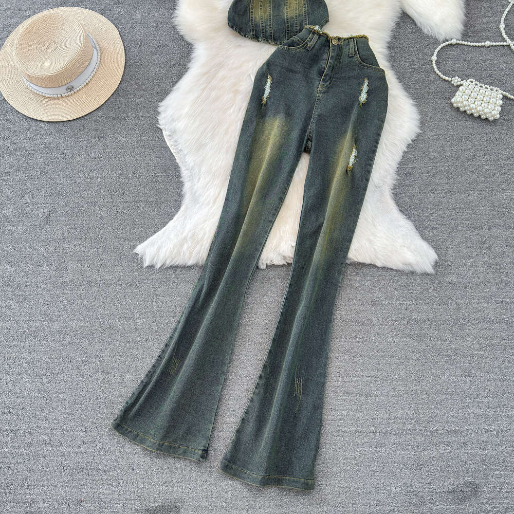 Fashion set womens American denim strapless vest two-piece set with high waist slimming and slightly drooping denim pants