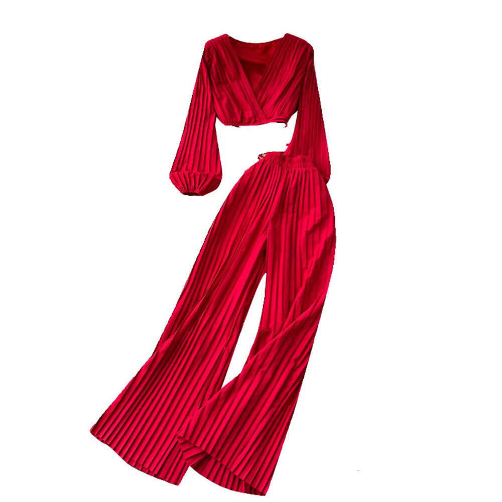 Womens 2024 New Spring Heavy Industry Pleated Bubble Sleeve Top+Wide Leg Pants Two Piece Set