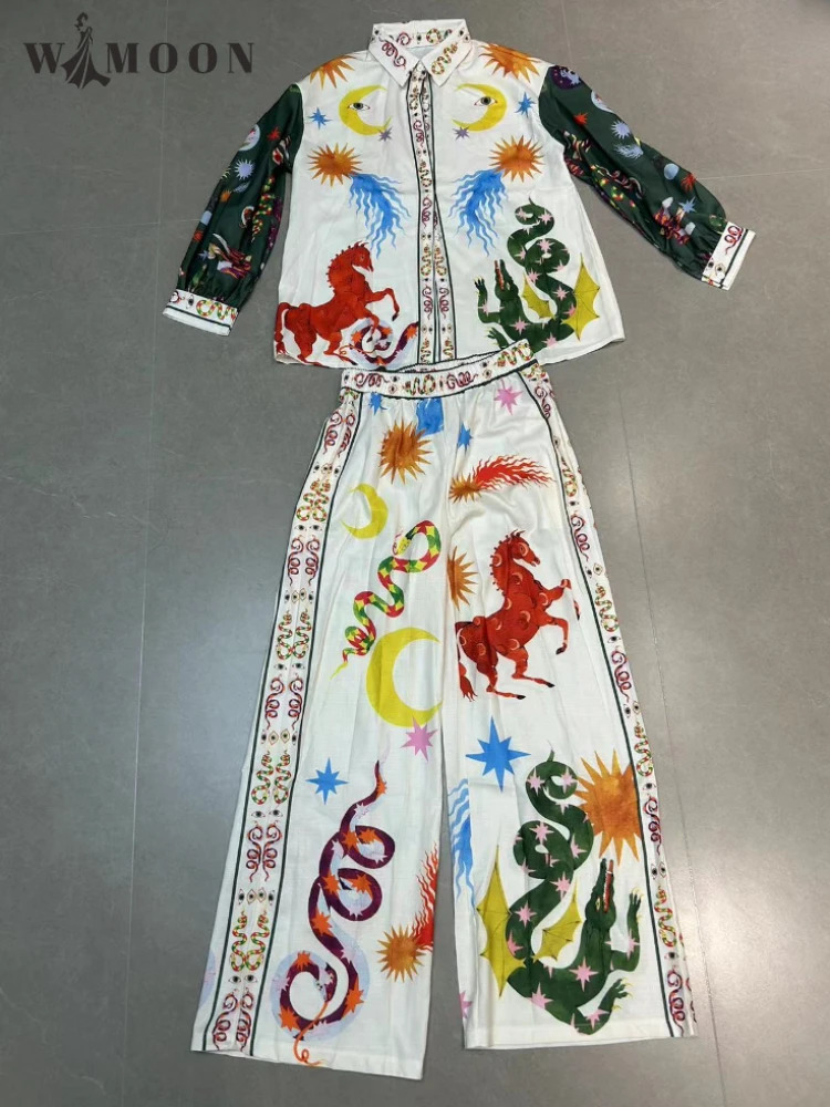 Vacation Loose Printed 2 Pieces Pants Set Women Lapel Long Sleeve Blouse Wide Leg Pants Suit Summer Beach Holiday Outfits 240603