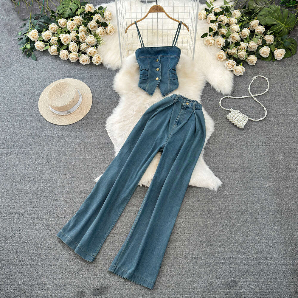 Fashionable set for women with a design feel strapless denim suspender vest two-piece set high waist medium length buttocks wrapped skirt summer skirt