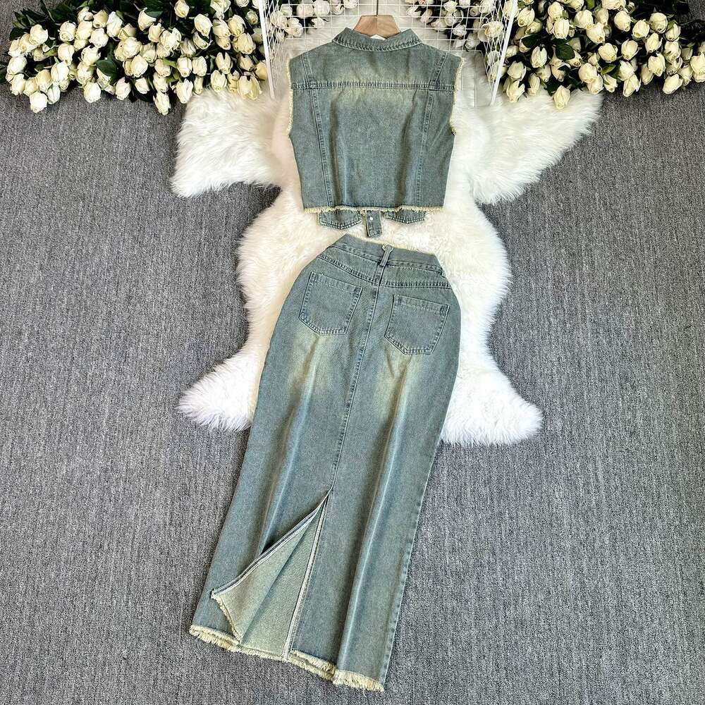 American niche short denim vest+hip wrap straight leg skirt medium length denim two-piece set for women