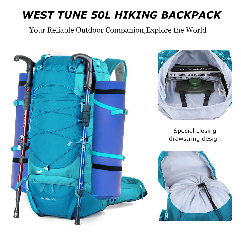 WESTTUNE 50L Hiking Backpack with Rain Cover Multifunctional Mountaineering Bag Outdoor Rucksack for Travel Trekking Camping 240601