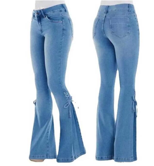 Lace Up Mid-Waist Stretch Jeans For Women Xs-3Xl | Flared Pants In 3 Colors