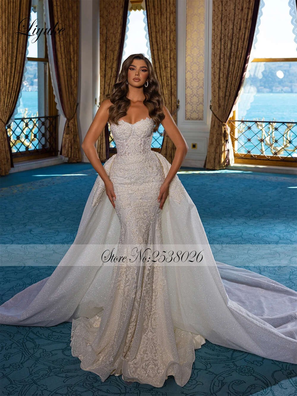 Liyuke Lace Strapless Mermaid Wedding Dresses Beading Pearls Appliques Off Shoulder 2 In 1 Bridal Gowns Removable Train