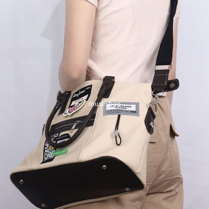 Women's and men's large capacity zippered PU canvas handbag, adjustable shoulder strap, travel shopping bag, student retro casual large capa