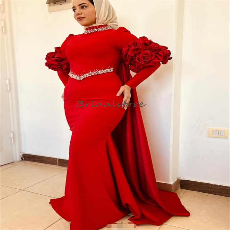 Elegant Red Muslim Evening Dresses 2024 High Neck Dubai Abayas Kaftan Moroccan Prom Dresses With Beaded Handmade Flowers Formal Engagement Party Gown 