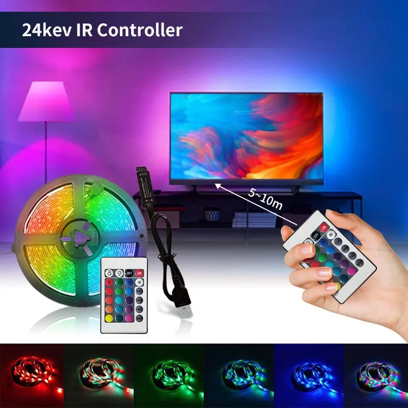 SMD 2835 LED Strip Lights 60LEDs/M RGB USB 5V With Remote Control Flexible Tape Diode Ribbon Bedroom TV Backlight Room Decor