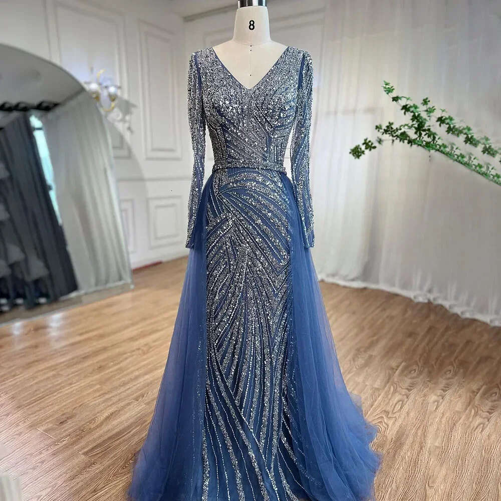 Serene Hill Dubai Mermaid Beaded Blue Muslim Evening Dresses Gowns With Detachable Skirt 2024 For Women Party La71750 0920