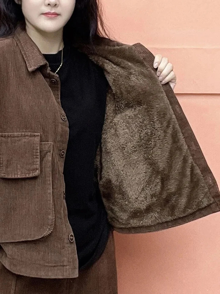 Plush Winter Add Velvet Corduroy 2 Piece Set Thicken Warm Women Casual Coat Conjuntos Trend Baggy Snow Wear Harem Pants Outfits 240529