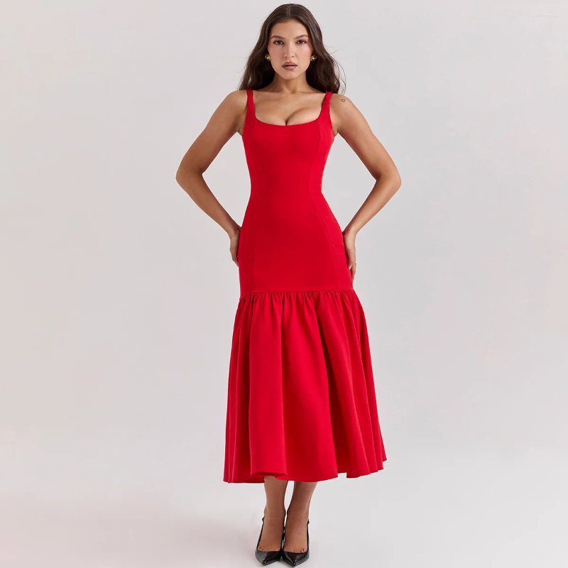 Casual Dresses Summer Sleeveless Evening Long Dress Elegant Solid Sling Pleated Ruffles Hem Maxi Chic Lady Party Robes