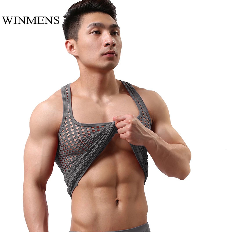 Mens Tank Top Gay Wrestling Singlet Summer See Through Sleeveless Vest Fishnet Hollowed Out Undershirts Sheer TShirt 240601