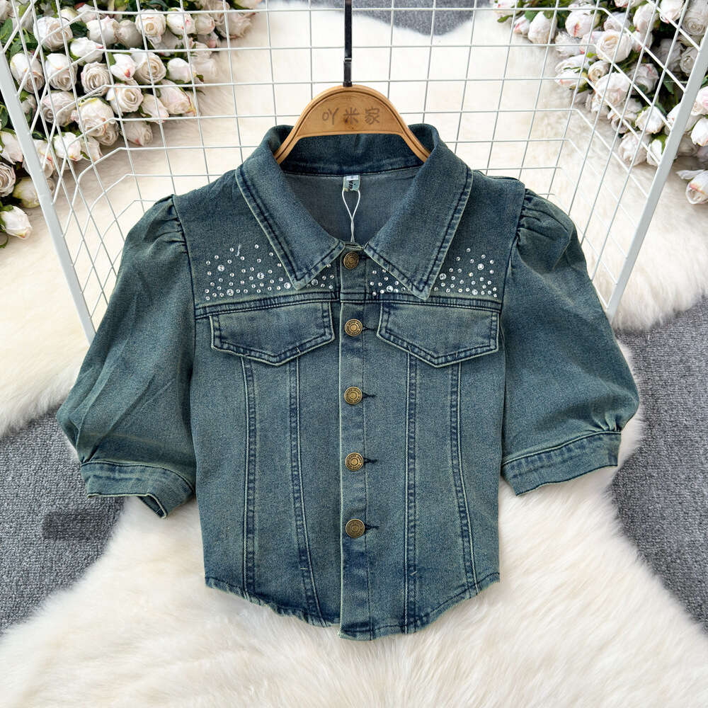 Fashion set womens American short sleeved lapel slim fitting irregular top two-piece high waisted diamond embellished skirt