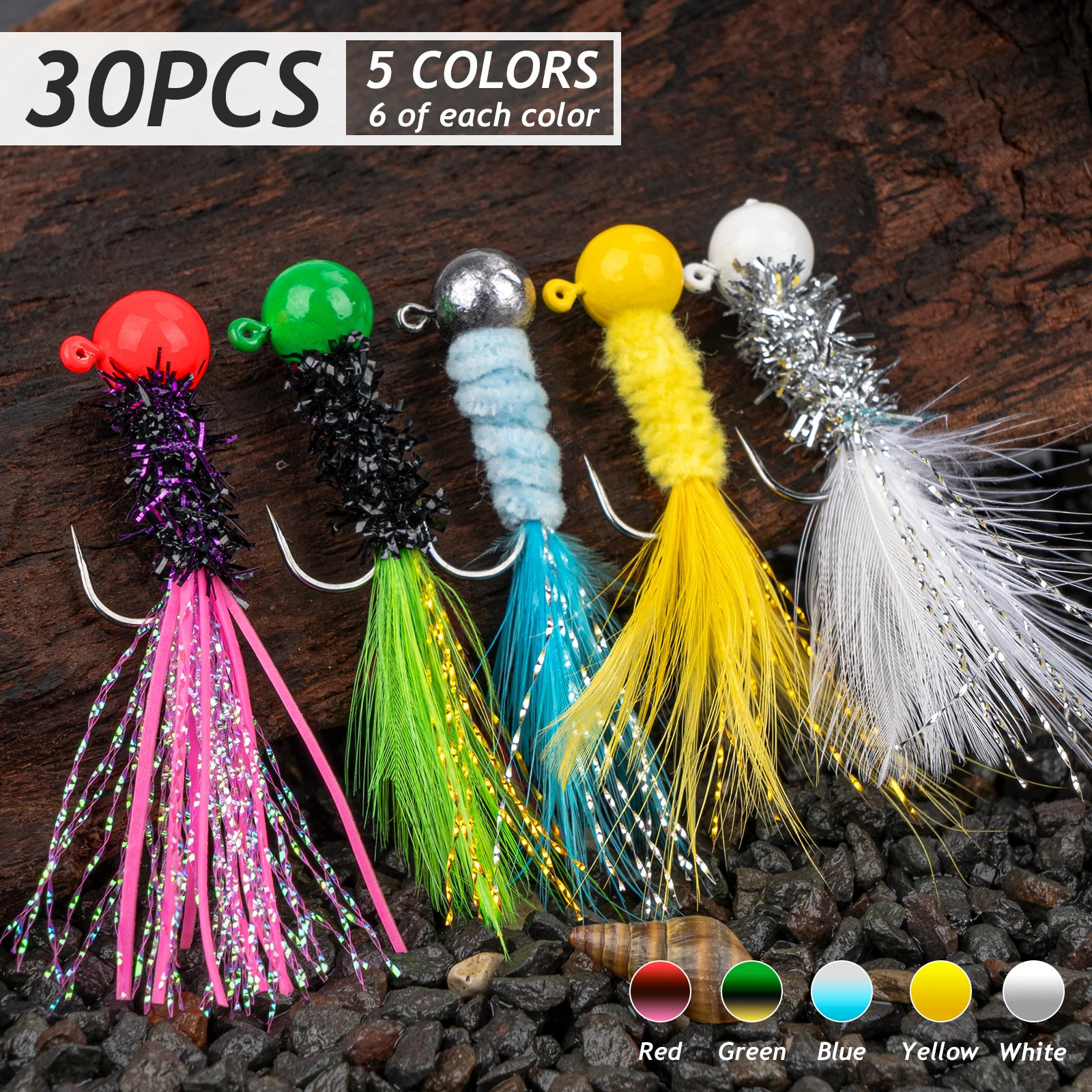 30pcs/set Crappie Jigs Feather Marabou Jigs Heads Hair Jigs for Walleye Panfish Bass Fishing Lure Kit 1/32 1/16 1/8oz 240603