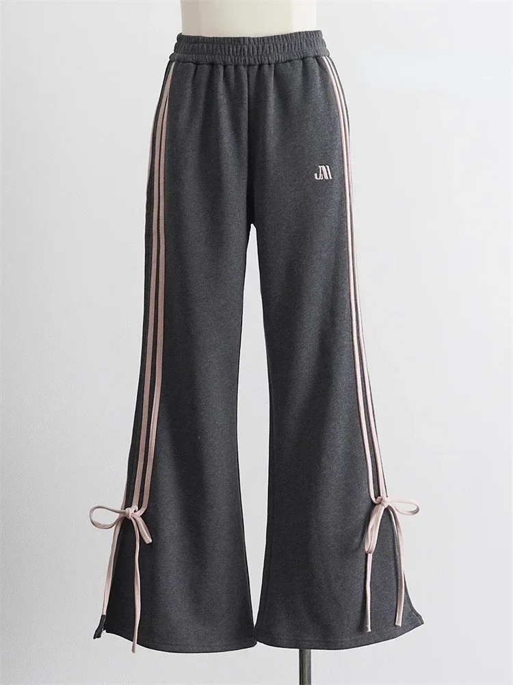 Deeptown Y2K Fairycore Bow Sweatpants Women Korean Fashion Ribbon Gray Jogger Pants Harajuku Sweet Girly Striped Flare Trousers 240530
