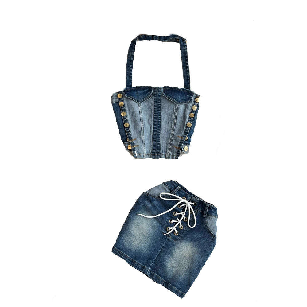 Fashionable set of color blocking spicy girl breasted top two-piece set of high waisted elastic drawstring wrapped buttocks denim skirt