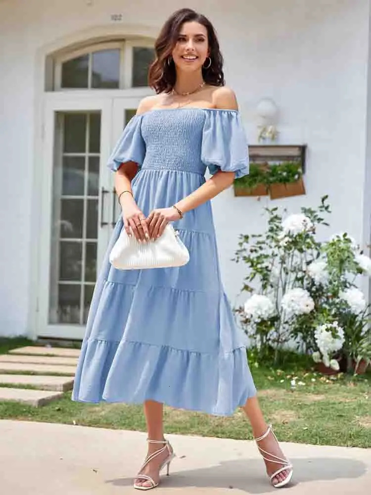 Summer Boho Smocked Maxi Dresses for Women Casual Puff Sleeve Square Neck A Line Tiered Ruffle Long Beach Dresses 240529