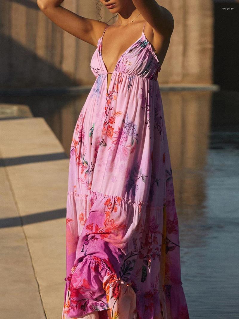Casual Dresses Women Y2k Floral Print Spaghetti Strap Maxi Dress V Neck Sleeveless Long Boho Flowy Swing