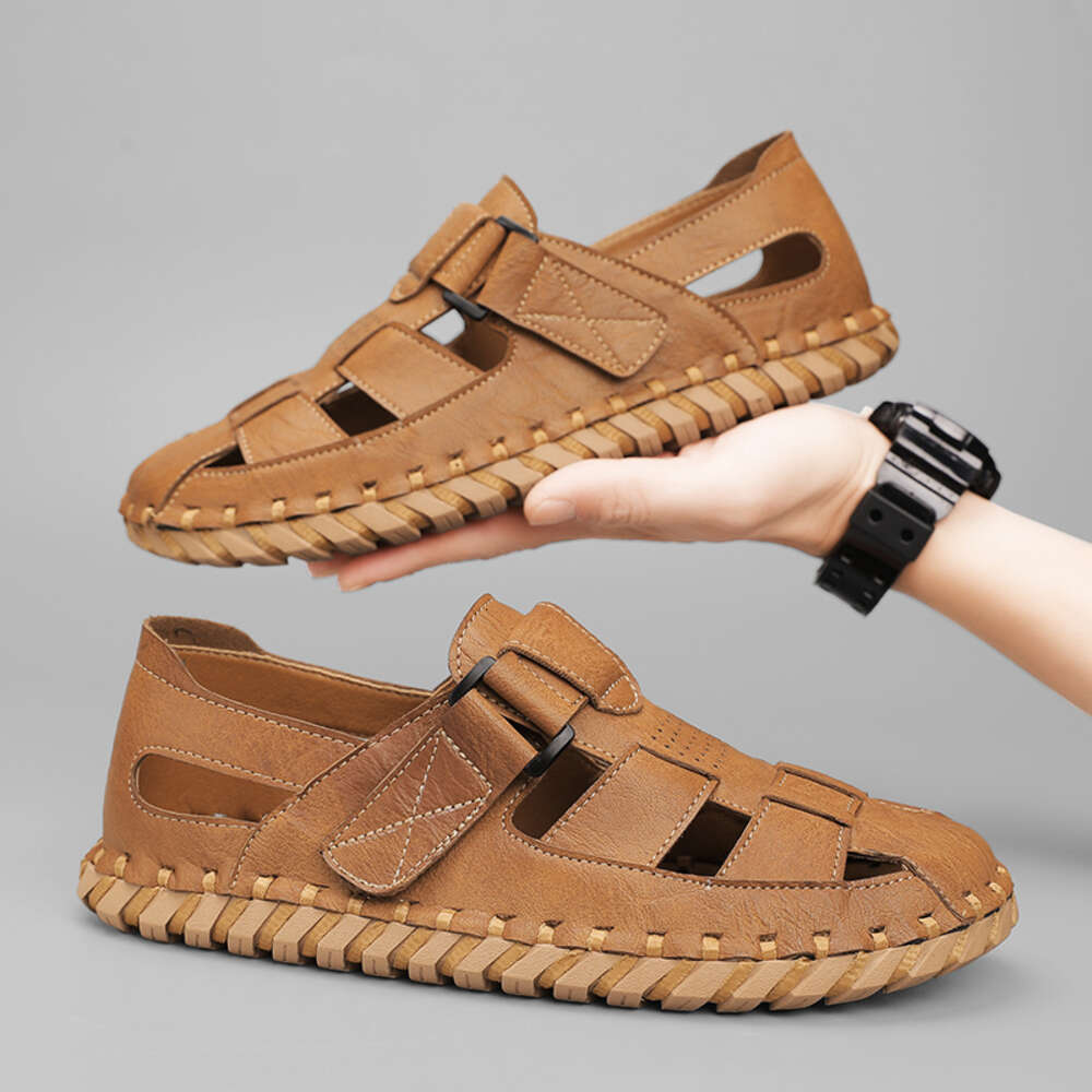 2024 Classic Hand-sewn Men's Sandals Outdoor Non-Slip Breathable Hiking Shoes Fashionable Soft Bottom Hook Loop Beach Slippers ddmythur