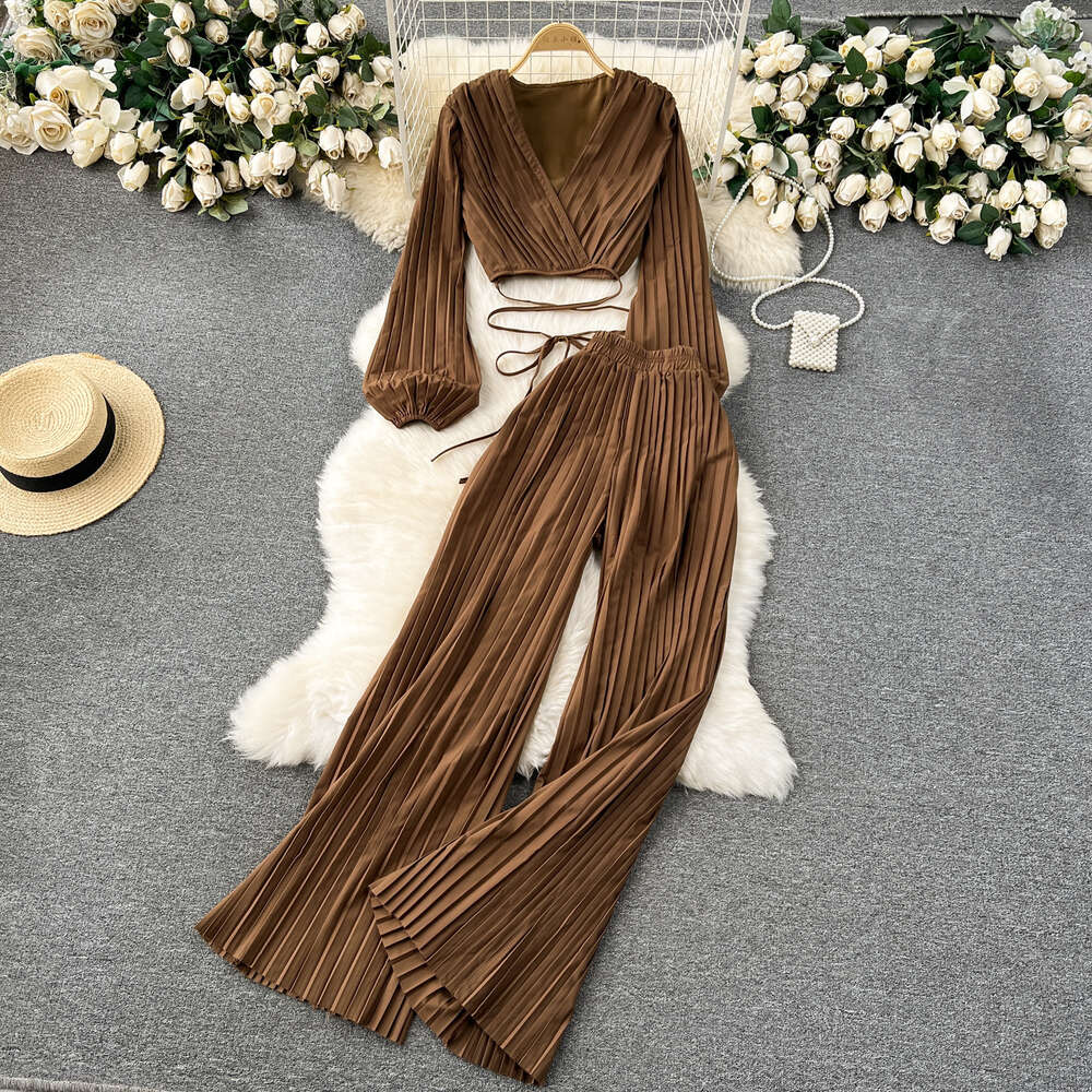 Womens 2024 New Spring Heavy Industry Pleated Bubble Sleeve Top+Wide Leg Pants Two Piece Set
