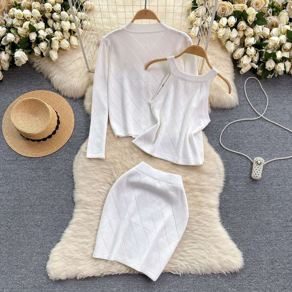 Small Fragrance Set Design Sense Metal Double breasted Hanging Neck Tank Top Knitted Cardigan Versatile Half Skirt Three piece Set Trendy