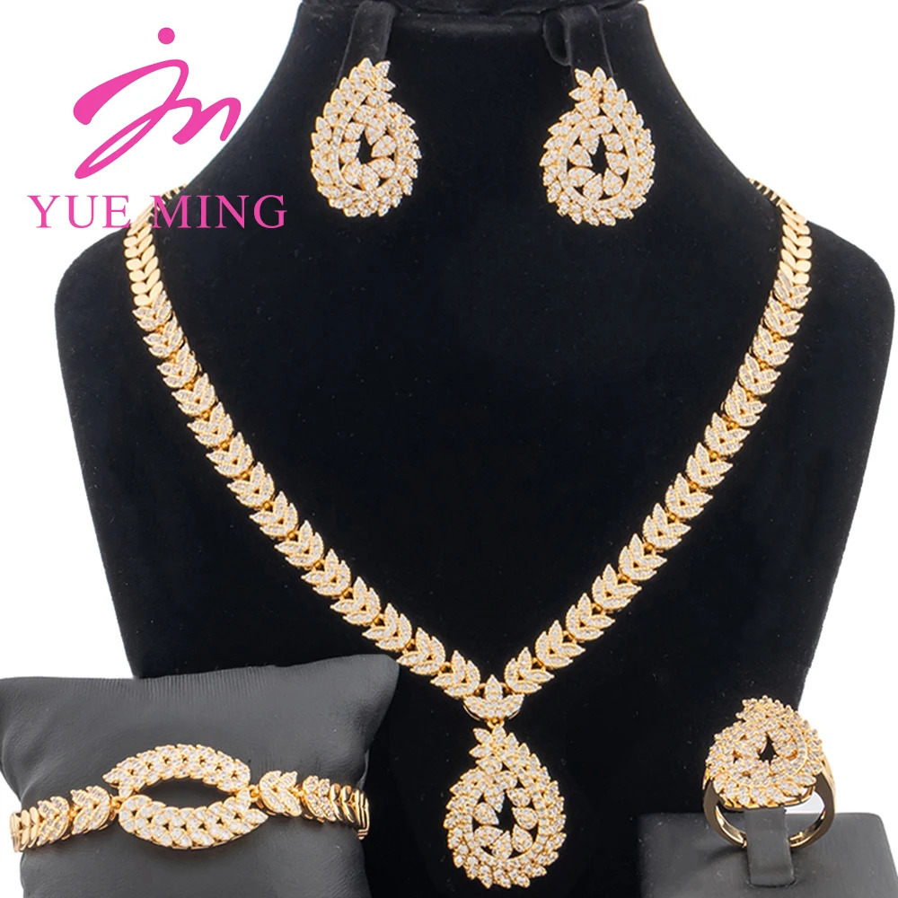 4Pcs Jewelry Sets for Women 40cm Necklaces Earrings Classic Dubai Nigeria Jewelry 18k Gold Plated Trending Zircon Ring Bracelet 240601