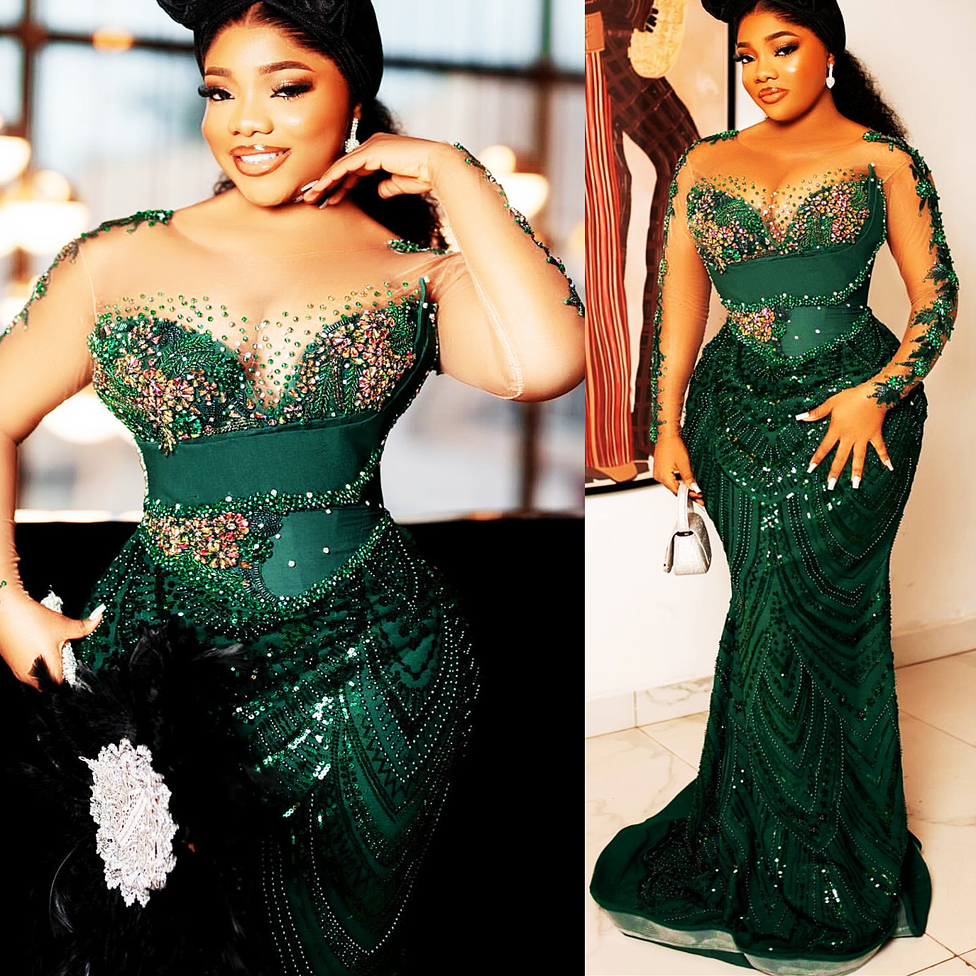 2024 Aso Ebi Plus Size Dark Green Mermaid Prom Dress Lace Beaded Crystals Evening Formal Party Second Reception 50th Birthday Engagement Thanksgiving 
