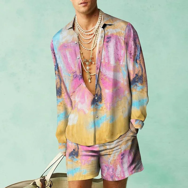 Casual Hawaiian Beach Set Men Outdoor 3D Koi carp print Abstract Long Sleeve Shirt 2Pcs Set of Breathable Loose Beach Shorts Set 240530