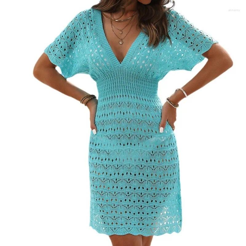 Womens Swimwear 2024 Style Deep V-Neck Beach Skirt Ripple Cut-Out Dress Stretch Waist Cover-up