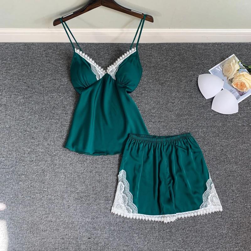 Home Clothing Lace Patchwork 2PCS Sleepwear Satin Strap Top&Shorts Sexy V-neck Sleep Set Elastic Waist Pamas Casual Clothes