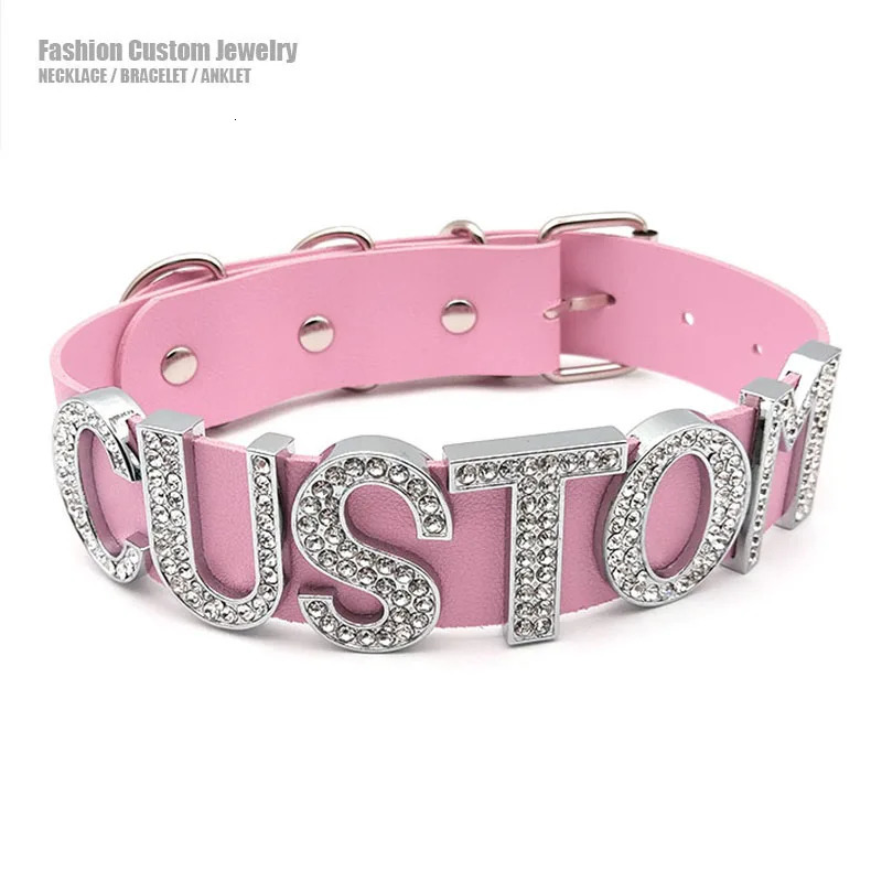 Punk Statement Custom Choker Letters Necklace Men Women Sexy Wide Pink Leather Buckle Belt Collar Chocker Goth Cosplay Jewelry 240531
