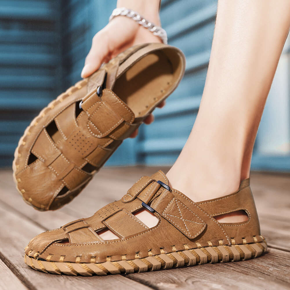 2024 Classic Hand-sewn Men's Sandals Outdoor Non-Slip Breathable Hiking Shoes Fashionable Soft Bottom Hook Loop Beach Slippers ddmythur