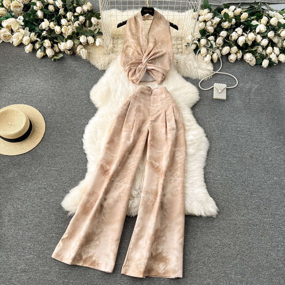 New Chinese style Chinese style suit for women with a pure desire for luxury. Sleeveless neck hanging top+high waisted casual wide leg pants two-piece