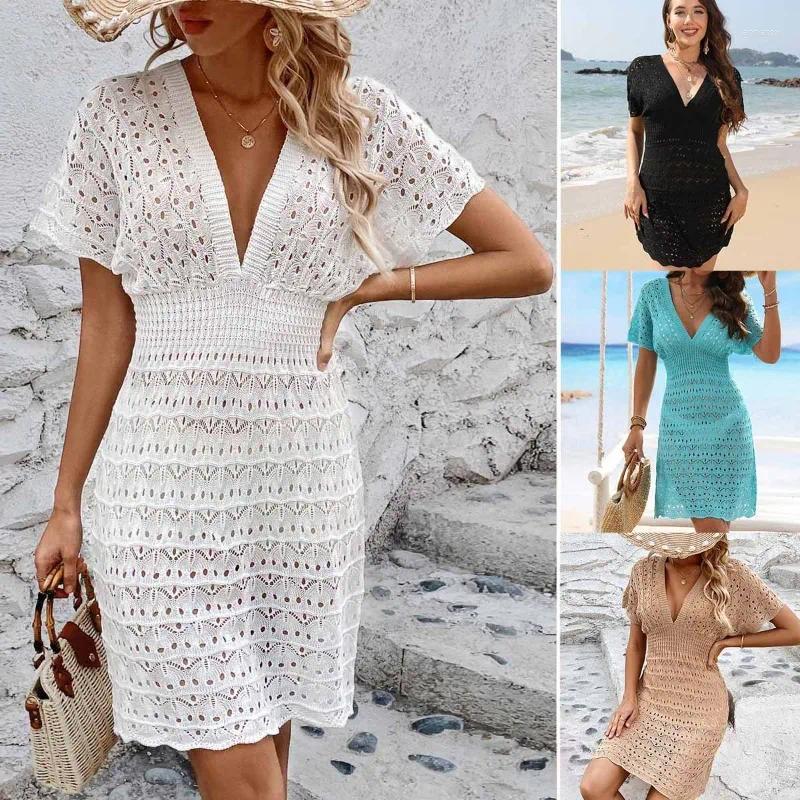 Womens Swimwear 2024 Style Deep V-Neck Beach Skirt Ripple Cut-Out Dress Stretch Waist Cover-up